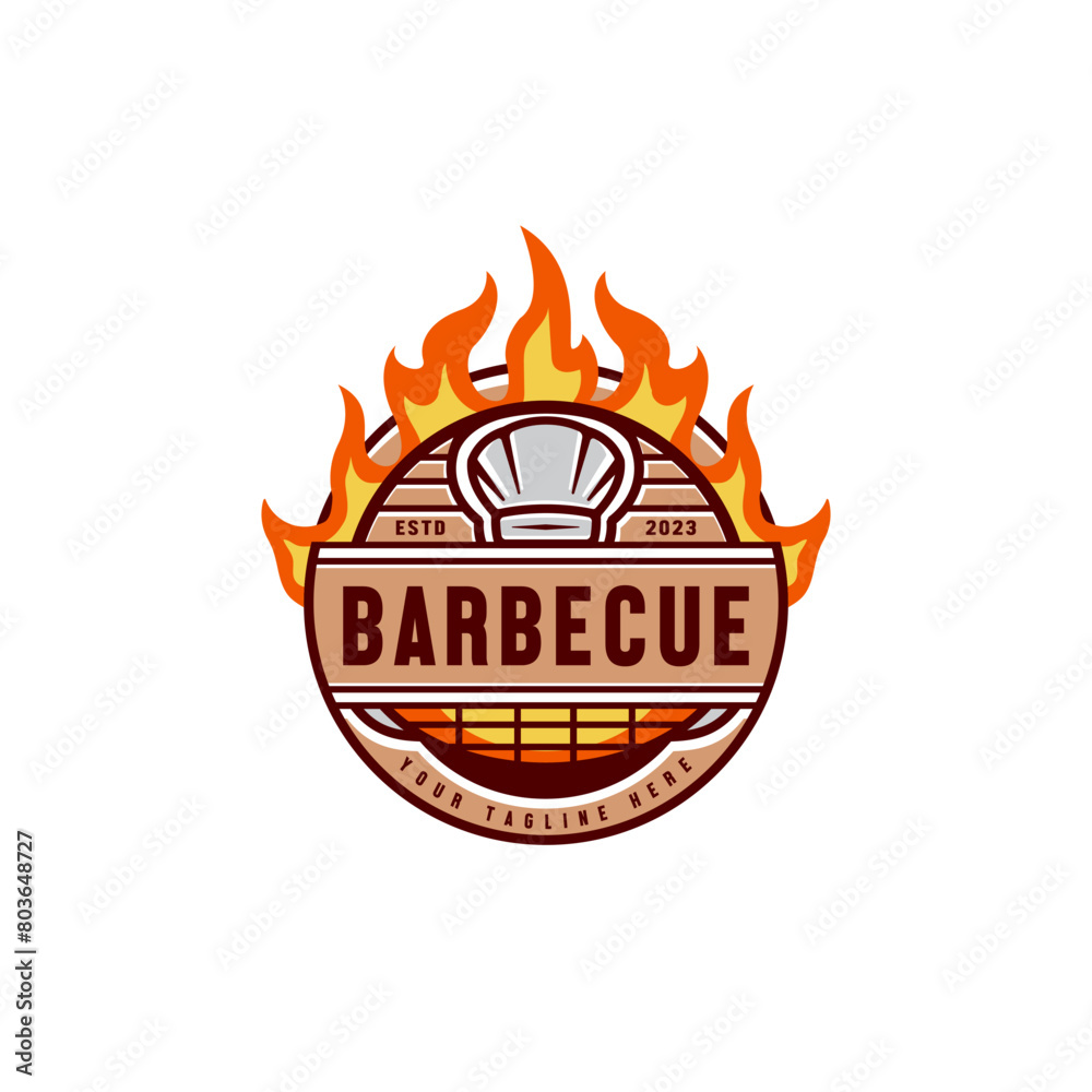 Wall mural BBQ logo design with Grill barbecue and fire flame vector illustration 2