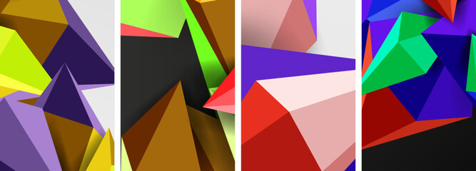 A creative arts piece featuring a collage of four different colored triangles with magenta, tints, shades, and symmetry on a white background