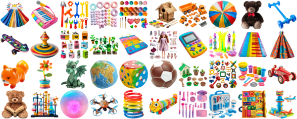 big collection of different toys for children kid, school playroom decor, magnet toy, doll, teddy bear, board game, photo collage set, isolated transparent background AIG44