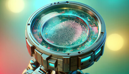 Close-up view of a hyper-realistic futuristic forensic magnifying glass highlighting specific microscopic evidence at a crime scene. - obrazy, fototapety, plakaty