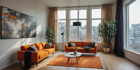 modern creative living room interior design backdrop ideas concept house beautiful background elevation of sofa with decorative photo paint frame full wall background,ai generate