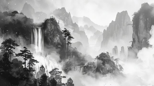 墨絵　水墨画　山水画　【厚浦】 真作】絵画 墨彩（色紙） 山水画 風雅な墨の世界 伝統技法の一作 W89