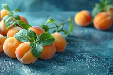 Fresh apricots arranged on a dark textured background.