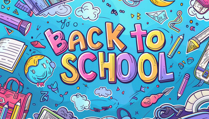 A cartoonish and colorful logo with the words "back to school" written in bold, playful lettering