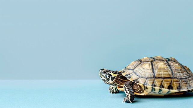 Tortoise on blue surface with ample space around it