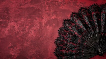 Elegant black lace fan on textured red background