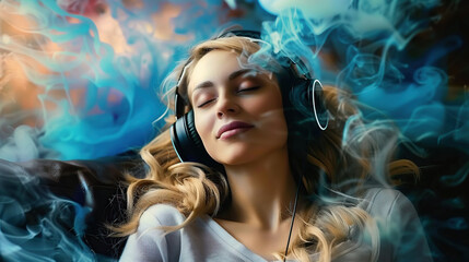 A beautiful blonde woman relaxing with headphones on, she is meditating and floating in space, her aura glowing blue, there's smoke around the room