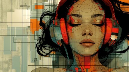 ヘッドフォンを付けた目を瞑る女性,Generative AI AI画像