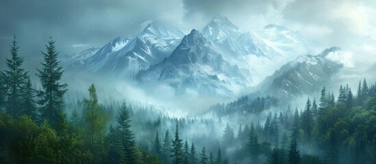 misty mountains with fir forests