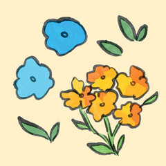 Orange and blue flowers with green leaves doodle grunge textured styled vector illustration isolated on square orange background. Simple flat colorful cartoon sketch style drawing.