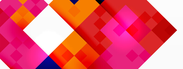 A colorful heart created using a mix of purple, orange, pink, amber, and violet squares in a geometric art style on a white background featuring rectangles and triangles
