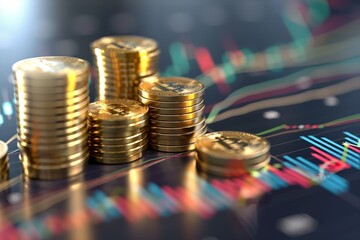 3D illustration of gold coin stacks against a dynamic stock market graph, showcasing investment success
