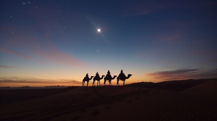 Fototapeta premium Riding camels in the Moroccan desert, ending the day with a traditional Berber meal under the stars