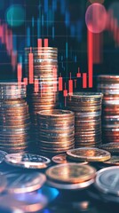 Close-up on coin stacks with a digital stock graph projection, reflecting smart financial planning