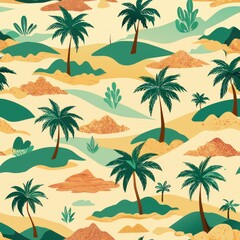 Fototapeta premium Seamless pattern of sandy beaches and palm-fringed coastlines, Generative AI