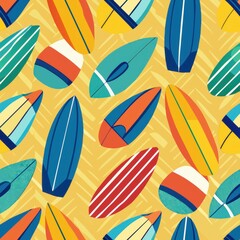 Naklejka premium Seamless pattern of sun-kissed surfboards and beach towels, Generative AI