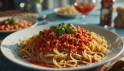 spaghetti with bolognese sauce, side view on a transparent background, Generative AI