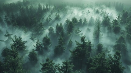 Capture the eerie charm of a haunted forest from a high-angle view in photorealistic CG 3D rendering, emphasizing ominous shadows and mist
