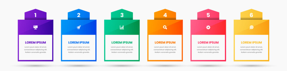 Vector Business Infographic Template with Abstract Design, Colorful, Icon and 6 Number. Suitable for Process Diagram, Presentations, Workflow Layout, Banner, Flow Chart, Infographic.