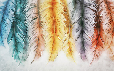 Hand drawn watercolor colorful feathers wallpaper, illustration