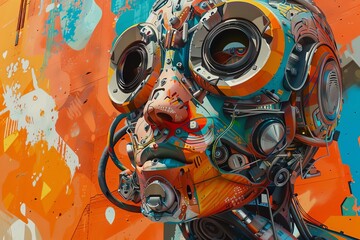Capture the essence of a robotic street artist painting intricate murals using CG 3D rendering techniques Show vibrant colors and intricate details from unexpected camera angles to highlight the futur