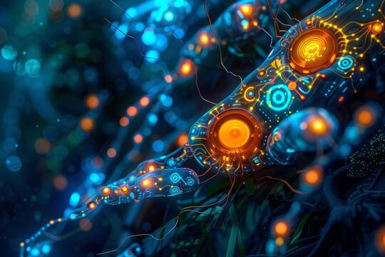Capture the essence of a parallel universe where Bioluminescent Cyborg Sea Creatures reign, contrasting vividly against a dark, underwater backdrop Show intricate details of glowing circuits merging w