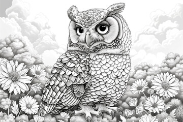A black and white drawing of an owl sitting in a field of flowers