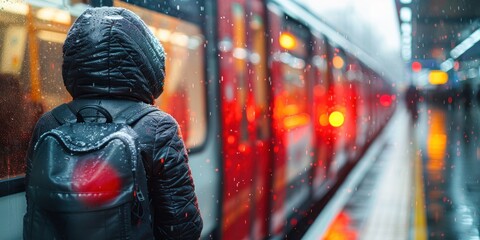 Fototapeta premium A red train with its doors open and a person walking in the rain.