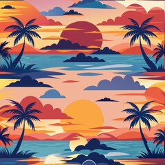 Fototapeta premium Seamless pattern of tropical sunrises with colorful skies over the ocean, Generative AI