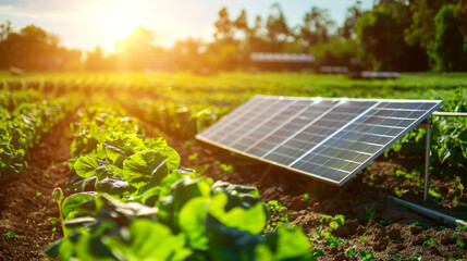 Photo of solar panels on a farm field with green plants and sunlight in the background.