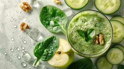 A refreshing smoothie of spinach, apples, cucumbers and walnuts against a clean white background. Generative AI