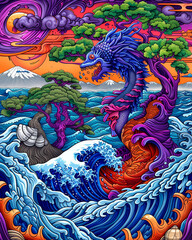 A colorful painting of a blue dragon with a tree in the background