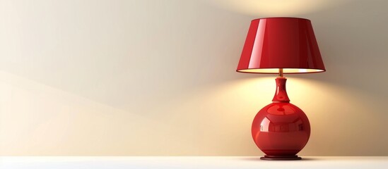 An up-close view of a bright red lamp placed on a clean white table surface