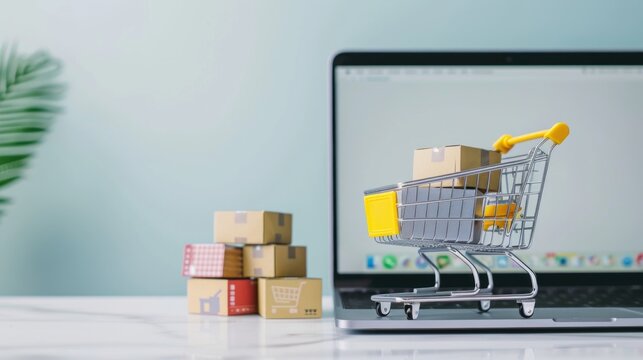 A laptop screen shows a shopping cart full of boxes. The boxes are stacked on top of each other, and the cart is filled with them. Concept of shopping and the concept of a virtual shopping experience