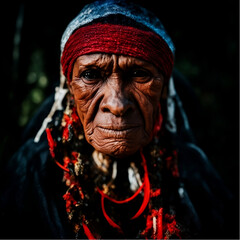 Portrait of an old woman with braids in the village.
