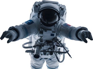Floating astronaut holding a camera, looking at camera