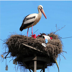 Stork in a nest on a background of the blue sky.