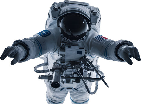 Floating astronaut holding a camera, looking at camera