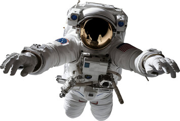 Floating astronaut holding a camera, looking at camera