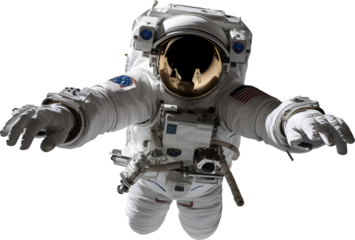 Floating astronaut holding a camera, looking at camera