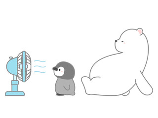 熱中症の予防や対策に関するベクターイラスト、扇風機で体を冷やすシロクマとペンギン