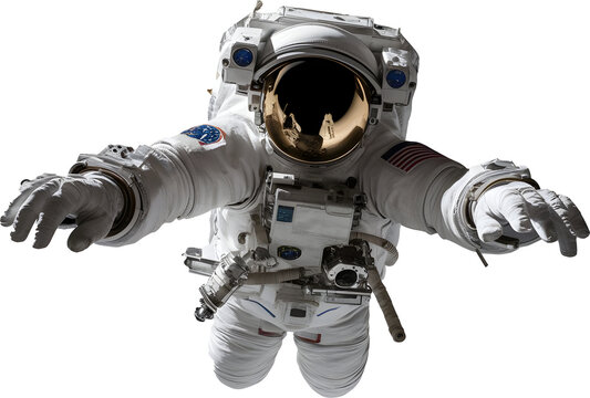 Floating astronaut holding a camera, looking at camera
