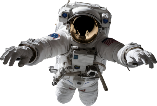 Floating astronaut holding a camera, looking at camera