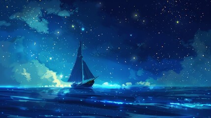Anime landscape background with stars in the night sky, cartoon ship, created with Generative AI. cartoons. Illustrations