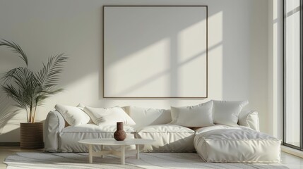 Minimalist living room bathed in sunlight with a blank canvas awaiting art