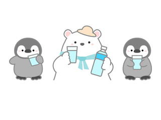 熱中症の予防や対策に関するベクターイラスト、水盆補給するシロクマとペンギンのセット
