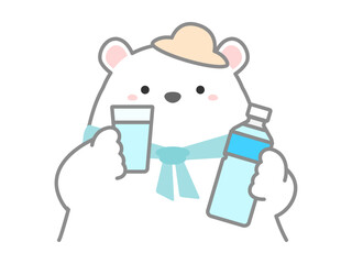 熱中症の予防や対策に関するベクターイラスト、水盆補給するシロクマ
