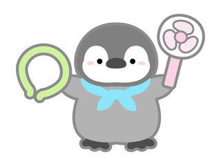 熱中症の予防や対策に関するベクターイラスト、ネッククーラーとミニ扇風機をもつペンギン