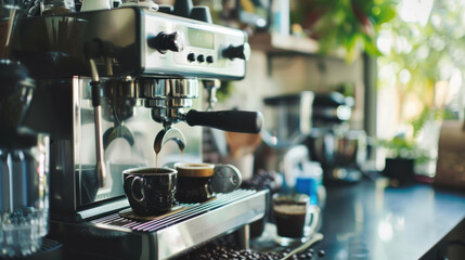 A home kitchen set up for a morning coffee routine with a modern espresso machine and a selection of coffee beans from around the world