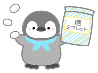 熱中症の予防や対策に関するベクターイラスト、塩分補給のタブレットを持つペンギン